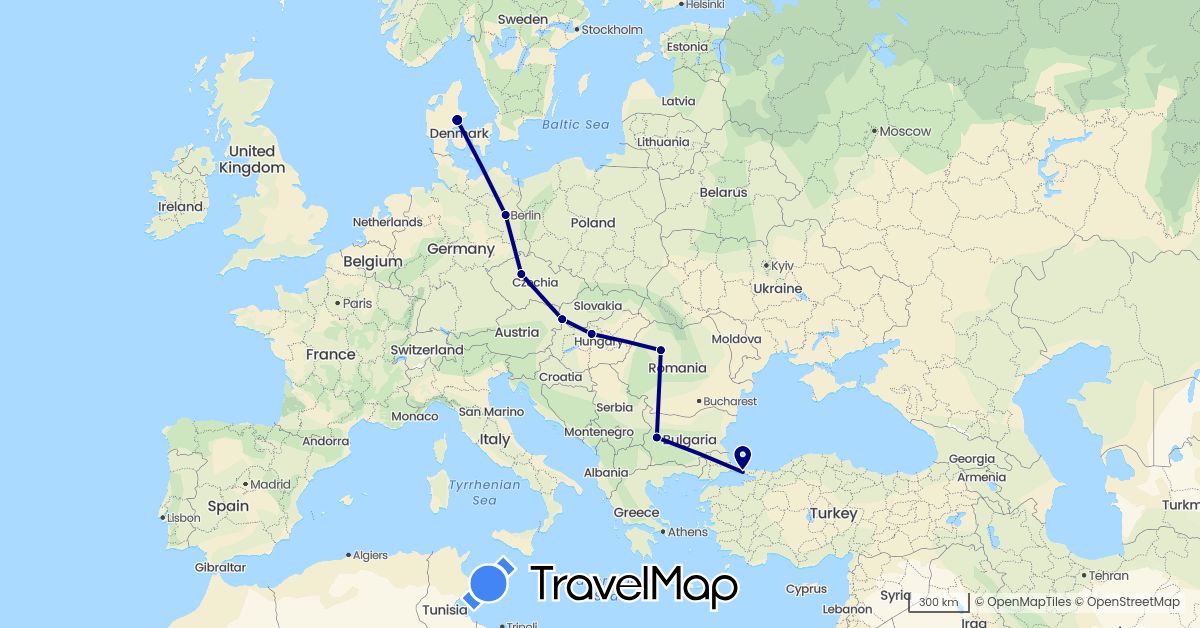 TravelMap itinerary: driving in Bulgaria, Czech Republic, Germany, Denmark, Hungary, Romania, Slovakia, Turkey (Asia, Europe)